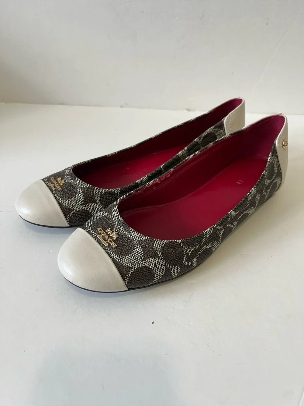 Coach Brown Signature Canvas White Cap Toe Ballet Flats Size 7.5B